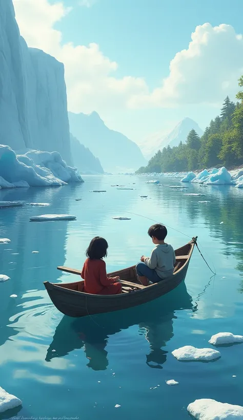 A boy and a girl are sitting in a boat catching fish. There is a lot of greenery around. It is in a big sea ice land 