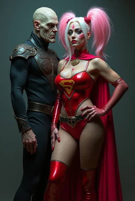 Transform Superman into a super sexy Harley Queen-style drag queen wearing latex clothes with the symbol and long boots alongside an ugly villain