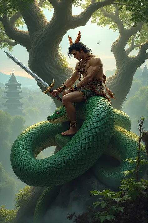  A shirtless Javanese swordsman with copper bracelets on his arm,  rode on a giant, shiny green-skinned dragon snake .  The snake had small horns and flaming red eyes ,  wrapped around a huge banyan tree , with the ancient village of Java in the distance .