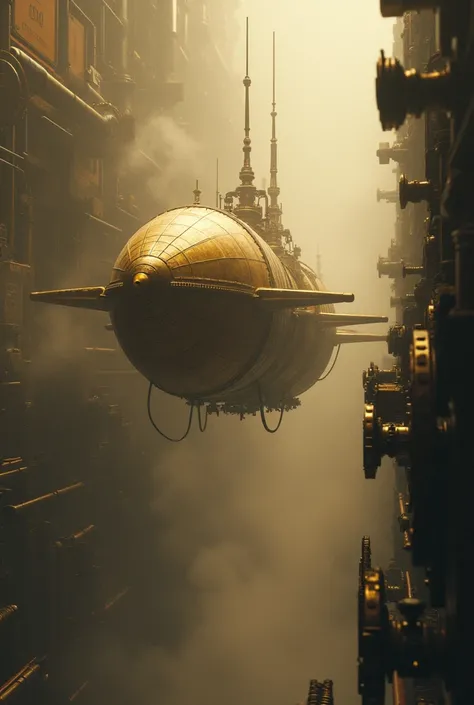 A sepia-toned view of gears turning, clouds of steam rising, and a glimmering brass spaceship emerging from the mist