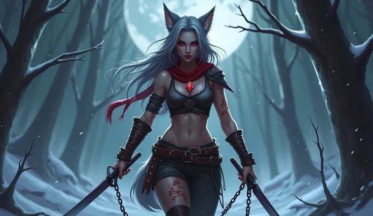 League of Legends, Assassin position, female character, long gray hair Red eyes, wolf ears and tail, old torn crop top, bandages around the arms, black pants, one short and one long, dark brown boots. A red gemstone magic necklace, an old torn red scarf, a...