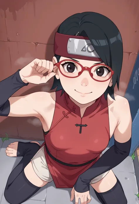 score_9, score_8_アップ, score_7_アップ, 1 girl,from above,nsfw,hughres,short hair,red frame glasses,dark eyes,black hair,worried expression ,smile，headband, red sleeveless dress, detached sleeves, shorts, thighhighs, toeless shoes ,small breasts In a dimly lit ...