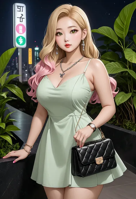 a korea woman has a beautiful oval face and ideal chubby body shape, long butterfly hair and blonde mixed white color. wearing a black mix Pink colour profesional short gown outfit with a necklace and watch. Take a photo while hold a luxury handbag on a ae...