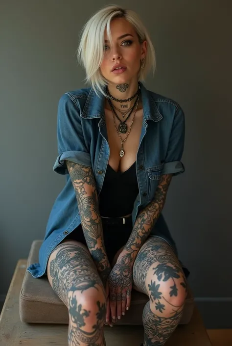 25 YEAR OLD GIRL, SHORT HAIR, HANDS TATTOOED, DENIM SHIRT, BLACK T-SHIRT, FULL OF TATTOOS, THIGHS, NECKLACES, CHAINS, THIGHS TATTOOED, HANDS AND FEET FULL OF TATTOOS AND TATTOOS, WHITE FACE SKIN AND PALE, SEXY, SEDUCTIVE