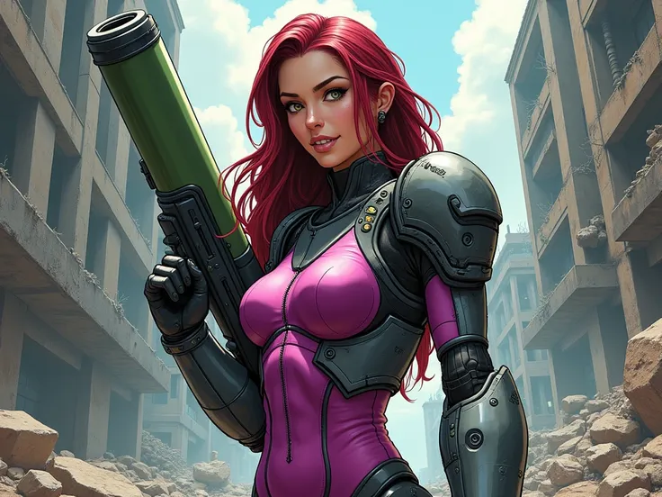 Female soldier. Tight magenta bodysuit. Long dark red hair. Segmented gray metal armor. Holding a large green cylindrical cannon. Fallout. Cruel smile. Comic style. Digital art. In a ruined city.