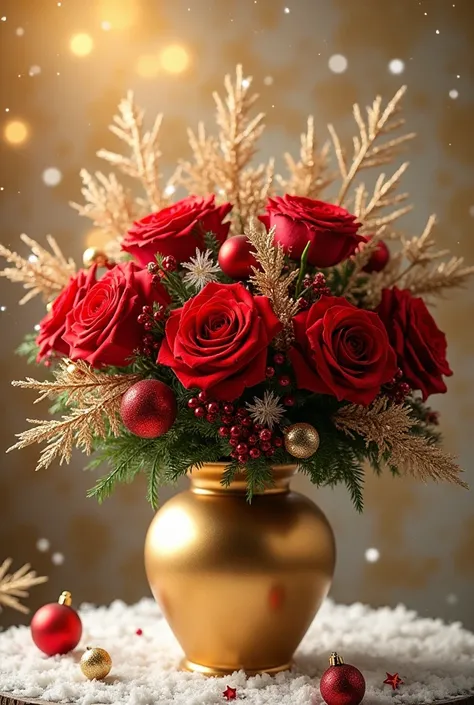 A stunning arrangement of vibrant red roses, shimmering gold branches, and sparkling ornaments adorning a luxurious gold vase. The background is a soft, shimmering gold with delicate snowflakes gently falling. Text: Wishing you a joyous and prosperous New ...