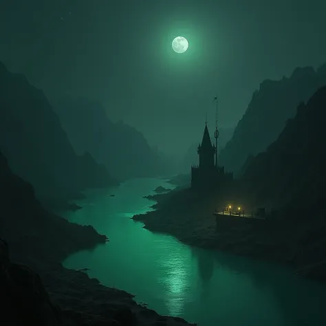  A small port guarding the banks of the Lethe River,  a river with bright green waters .  The environment is extremely dark , no moon or stars .