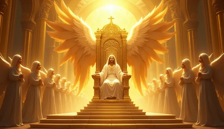 jehovahs golden throne shinning, surrounded by angels