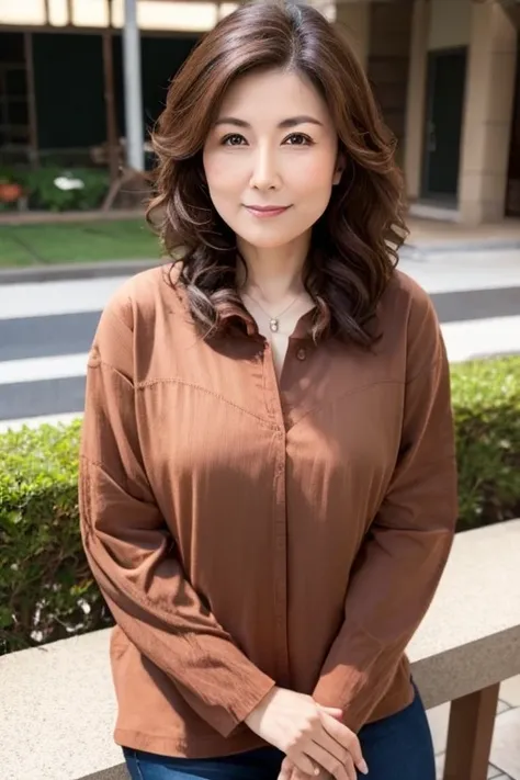 Japanese mature woman with medium brown perm Y shirt terrace seat　Large chest　 looking at camera
