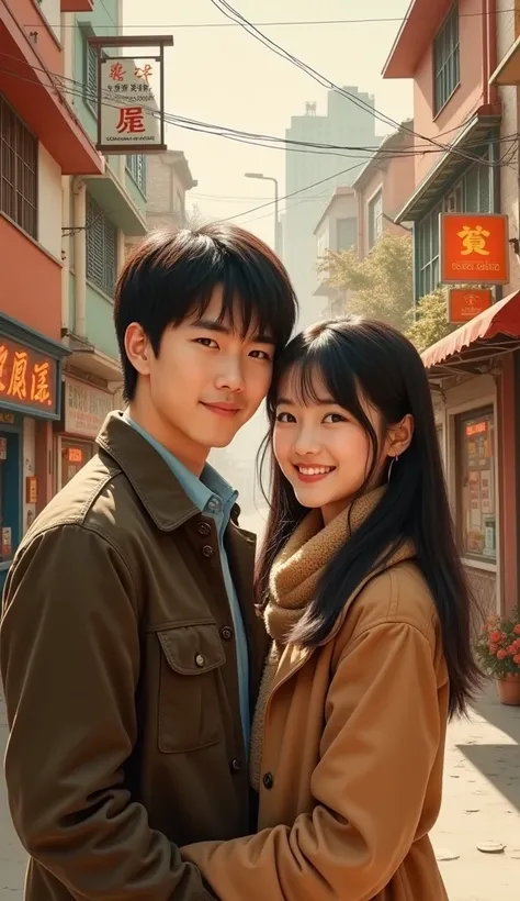 Realistic style, a painting shows a unique scene in warm, nostalgic tones. Sepia tones, a 30-year-old Taiwanese man and woman, smiling at the camera together. The background is a Taiwanese street