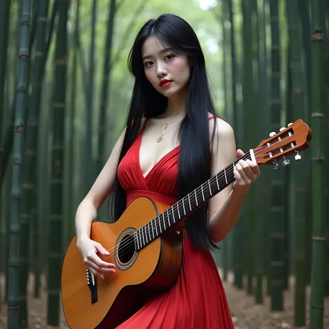  High quality 3D photo 8k , Fujifilm,  Araffe woman in a thin, airy red dress,  sexy,  38 inch chest, Holding a guitar in a bamboo forest ,  has a skin like a glazed tile.,  with very fine eyes , Korean style makeup, Glowing Skin ,  black hair, extra-long ...