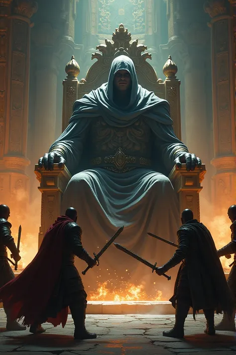 Final boss sitting on a throne facing three fighting warriors