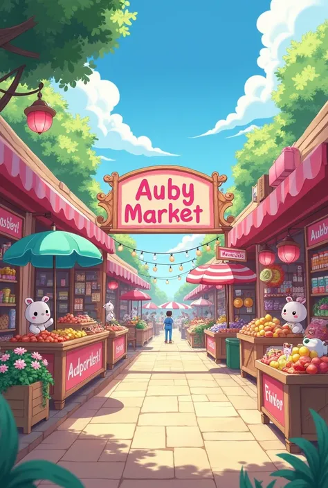 make me a cute anime picture and kawwai in pink with the words auby market