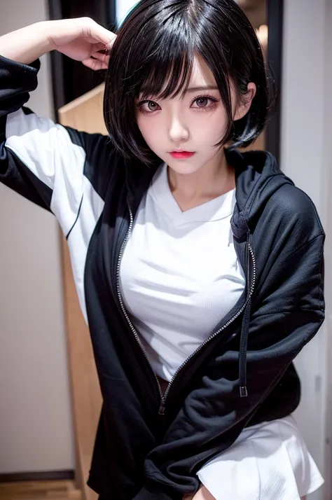 Anime、((Surprising Absurd )),(masterpiece:1.2),超 high definition ,  attention to detail,  High Quality ,  high definition , 最 High Quality , 4K, 8k、 black hoodie、White Skirt、 black hair、 short hair、 dark eyes、 SLR camera、With a camera、 Close one eye and ho...