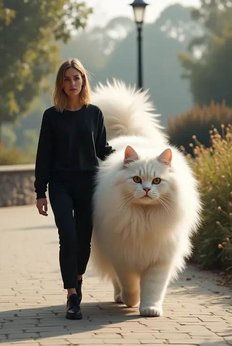 A woman dressed in black casual and walking alongside a very large angora cat walks together