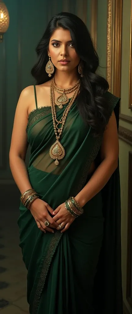 Lady is tall curvaceous, thick, curvy, big ass, big breast, warm ivory skin tone, wearing an elegant saree, transparent blouse, lady is also wearing single thin long necklace made of small gold and black beads arranged in alternate pattern. It has a long c...