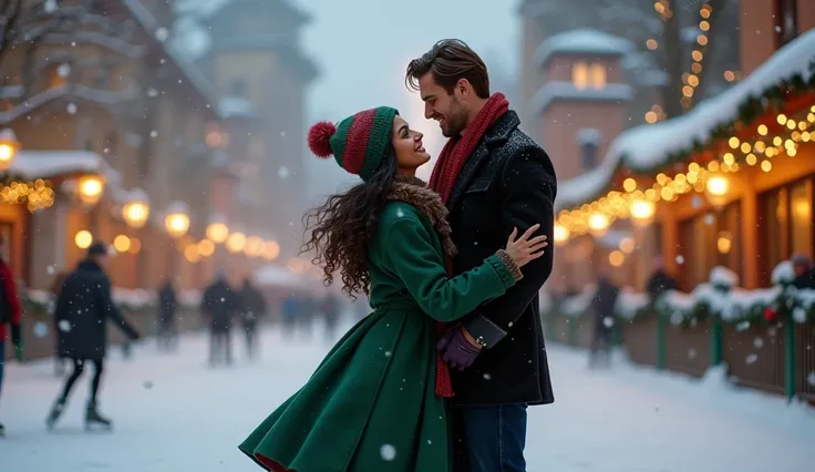 DISNEY DISNEY ART.
A magical DISNEY scene of love while they are skating in ice taking their hands. A gorgeous dark skin 18 yearold European woman with dark black LONG curly hair, COFFE MARRON eyes, dark olive skin, with freckless, smiling, wearing an eleg...