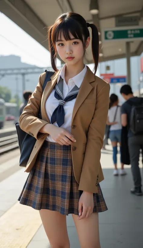 a beautiful japanese young school girl,beautiful face and eyes,drooping eyes,camel brown short blazer,white blouse,brown and blue plaid skirt,navy socks,detailed face and eyes,detailed uniform,beautiful girl,cute dynamic pose,photorealistic,8k,detailed tex...