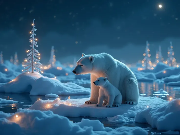 Hyper realistic photo with the smallest details 16k. Cinematic lower angle. A white bear with her little cub is standing on the ice and looking at the icebergs floating by. Icebergs are strewn with glowing New Years garlands against the background of the n...