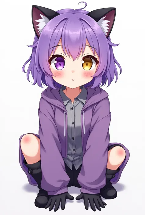 One With Half Short Purple Hair ,  With Purple And Yellow Full Body Eyes On A White Background With Purple Sweatshirt Cat Ears With A Gray Blouse Underneath,  black boots, And Black Gloves In Cartoon Anime Style s