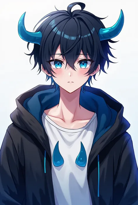 Anime guy is wearing a blue layered black hoodie he has black hair he has blue eyes and he wears a white t-shirt with blue colored horns