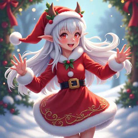 White-haired girl ears whole body, Santa Claus girl, lively pose, Christmas