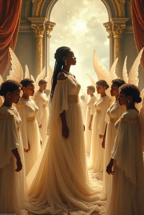 A black woman standing in a room with beautiful angels surrounding her