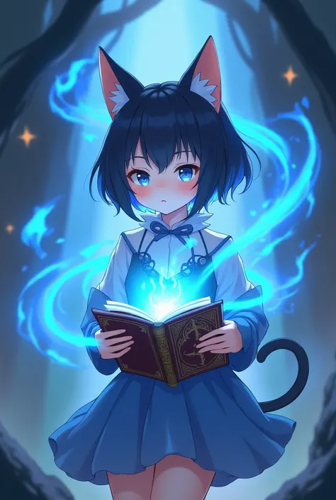 A girl Neko ,  a blue fire wizard with a grimoire in her hand anime version