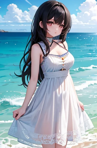 ​masterpiece、 Background and （（Sea side、 sandy beach））、a beauty girl、Very intricate embroidery on the dress、 skirt 、 black hair long hair, big breasts、