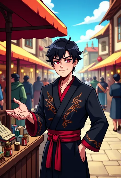 A charismatic half-elf vendor inspired by the look of a middle-aged Jackie Chan, exuding confidence and charm. He has neatly styled short black hair and intense crimson eyes that gleam with curiosity and mischief. His features are subtly aged, showcasing a...