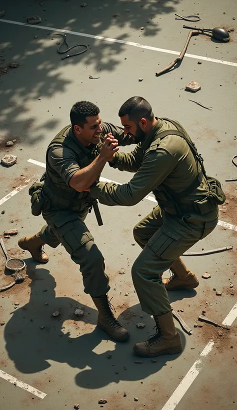 "A tense and dramatic hand-to-hand combat scene on a damaged tennis court: soldiers in torn uniforms fighting amidst debris, with a net post and scattered rackets in the background."