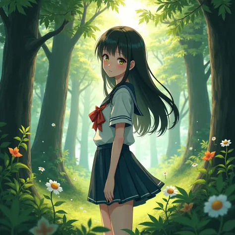 Japanese beautiful high school girl standing in the woods