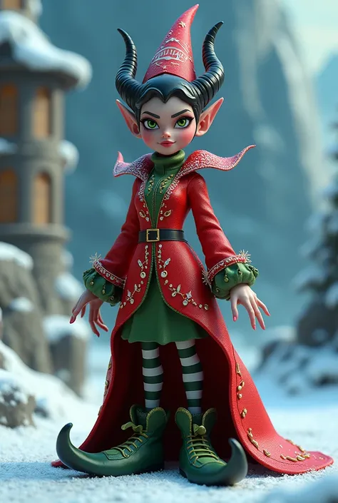  Maleficent witch in Christmas elf clothes,  full body, toyart , render 3d, terror