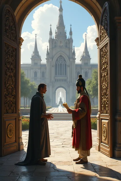 In front of a royal palace, a villager holding a piece of paper is talking to the palace guard.

