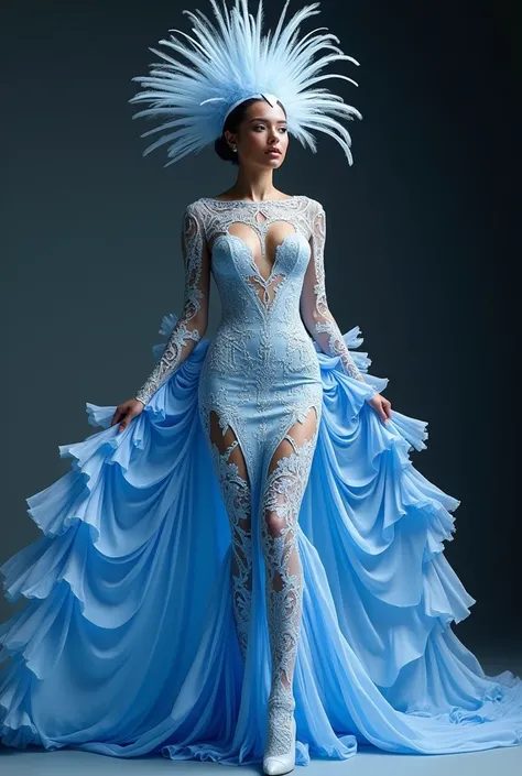 Suggest a south african pageant costume based on the blue crane. Make it more eyecatching and captivating while being high fashioned  and change the color to blue white of the stork feathers