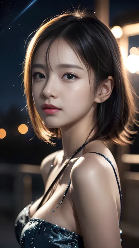 High Definition CG Unity 8k Wallpaper,  best quality,  、 super high resolution 、 high image quality、8k、super detailed, masterpiece,  realistic , photo  realistic ,   high image quality、18 year old adult female、 Countless stars shining in the night sky 々 an...