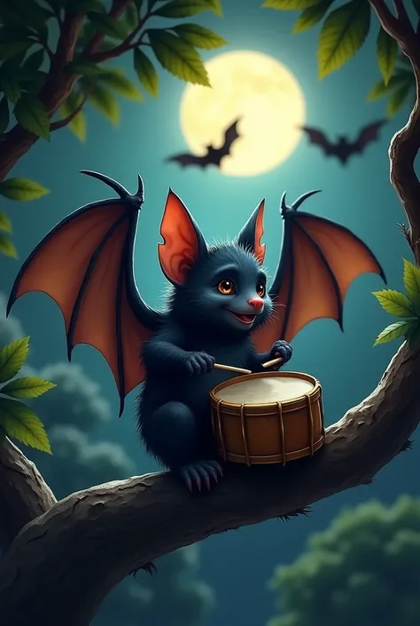 8k Ultra HD realistic, A small bat creature with large wings and a black furry body, was playing drums on a tree. Around it there are winding tree branches and dense green leaves. The bat looks focused and enthusiastically playing drums with its large wing...