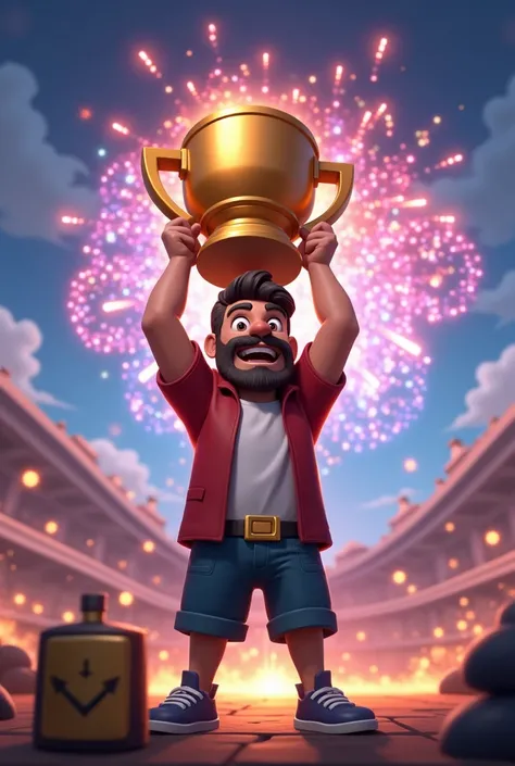 " A Clash Royale player celebrating by achieving 9000 trophies. he is standing,  holding a shiny gold trophy above his head ,  with a smile of victory . Behind him,  an epic battle arena filled with sparks and lights , symbolizing success. on the floor,  i...