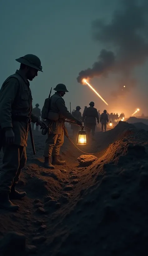 "A desperate moment at night: British and Indian troops digging trenches by lantern light, with reinforcements arriving under the cover of darkness as flares illuminate the battlefield."

