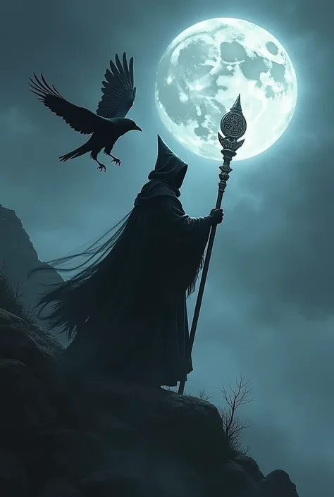 Make a black wizard climb the moonlight with a staff and a crow