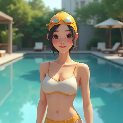  Young Taiwanese woman ，Smile，Swimming cap with head ， swimsuit ， standing by the pool，Realistic