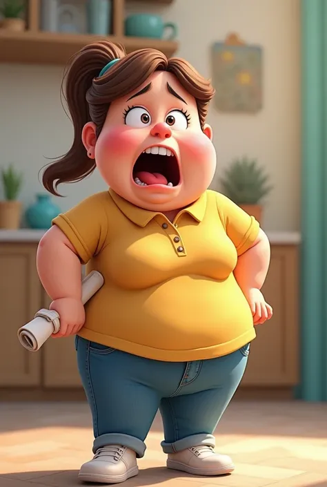  Make me an animated lady in a chubby cartoon very short and petite texture with brown hair in a ponytail, with jean pants and polo shirt carrying a roll of fabric , Make me look like Im about 50 years old , Do it screaming 