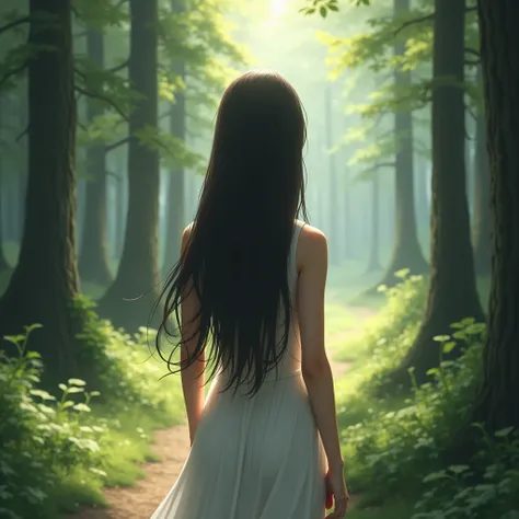 Beautiful Japanese girl standing in the woods　20 years old　 gal　 back view　 real　live-action