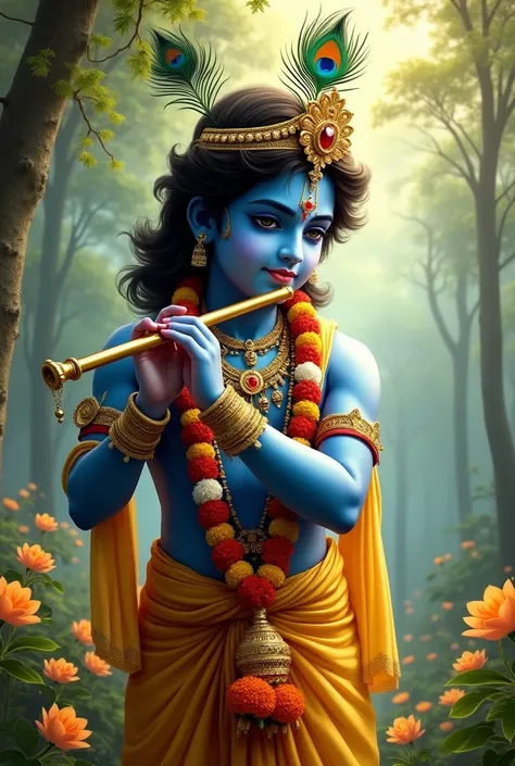 
"Create a serene and detailed digital painting of Lord Krishna in a divine forest setting. Depict him with radiant blue skin, adorned with vibrant garlands, intricate golden jewelry, and a yellow dhoti. Include peacock feathers in his crown and a traditio...