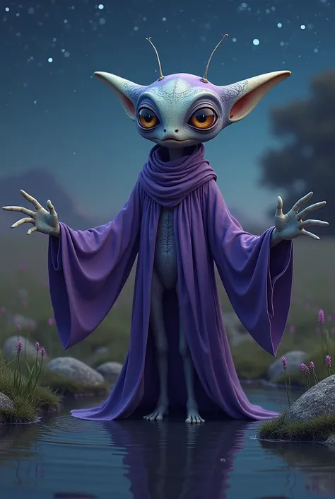 Insect-like alien with big eyes wearing a purple wizard robe. He stands in front of a spring with his arms outstretched .  In the background an open field with the night sky full of stars 