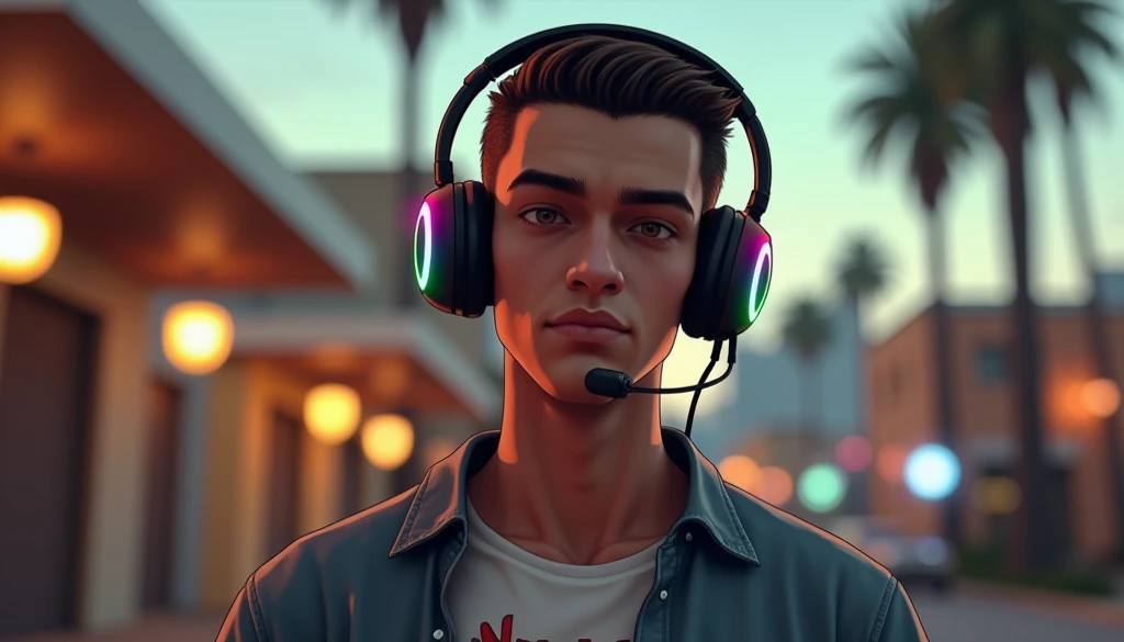 Create a character in the art style of GTA San Andreas. He is a young man wearing a gaming headset with colorful lights and has short, neatly styled hair. The character is dressed in a casual shirt with a subtle logo or pattern, set in an urban environment...