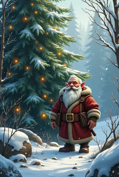 Dwarfs character stands in the woods by a Christmas tree in winter