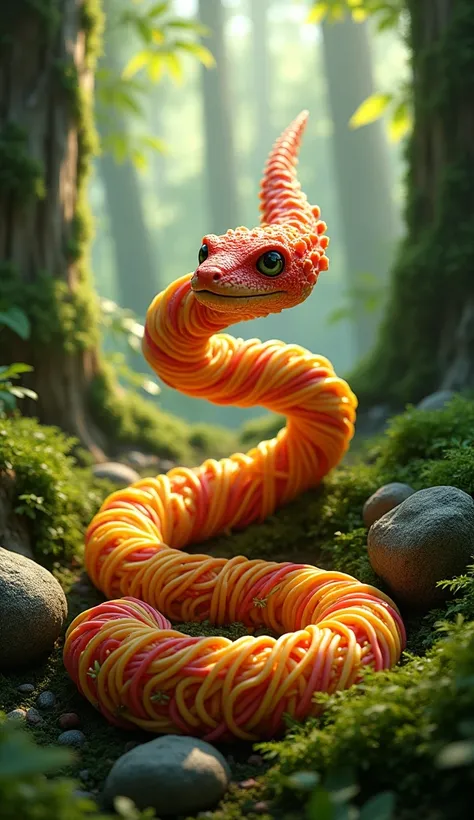 A snake made of noodles, in the forest