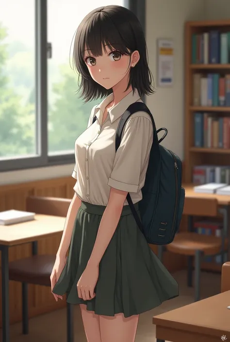 Draw me a female student with a crooked skirt