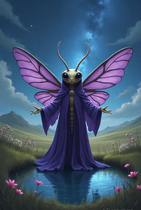 Moth-like alien with big eyes wearing a purple wizard robe. He stands in front of a spring with his arms outstretched .  In the background an open field with the night sky full of stars 